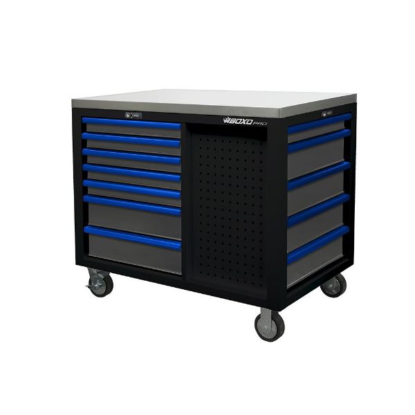 Picture of Boxo 45" 12-Drawer Pro Series Cleetus Workstation with Stainless Worktop (Gloss Black) Loaded With Tools