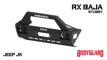 2007-2018 Jeep Wrangler JK Front Bumper Stubby with Push Bar End Cap Light Cutouts With Camera Harness + Pod Texture Black Powdercoat Bodyguard Bumpers