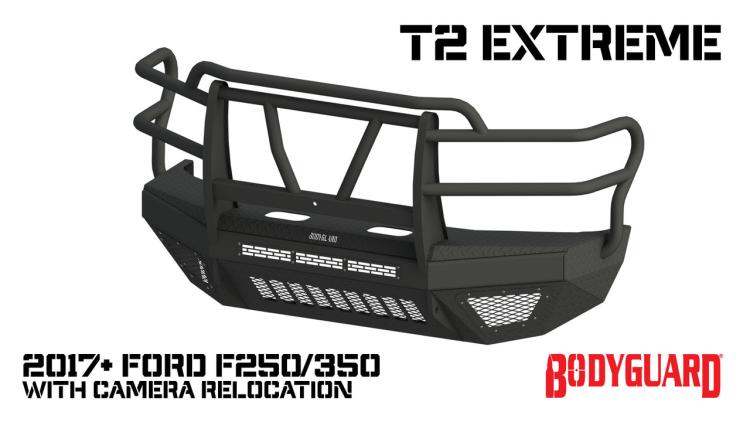 T2 Front Bumper Extreme For 2017-2022 Ford F550 Superduty No Sensor Cutouts Factory Fog Cutouts Receiver Hitch Without Mesh Grill With Camera Harness Bare Metal Fits 450/550 Fenders Bodyguard Bumpers